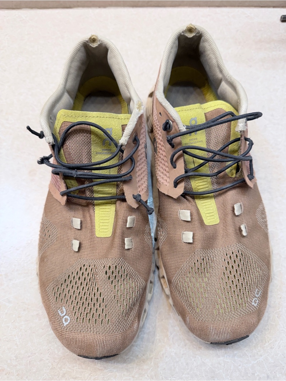 On Running Tan Mesh Athletic Shoes with Yellow Accents
